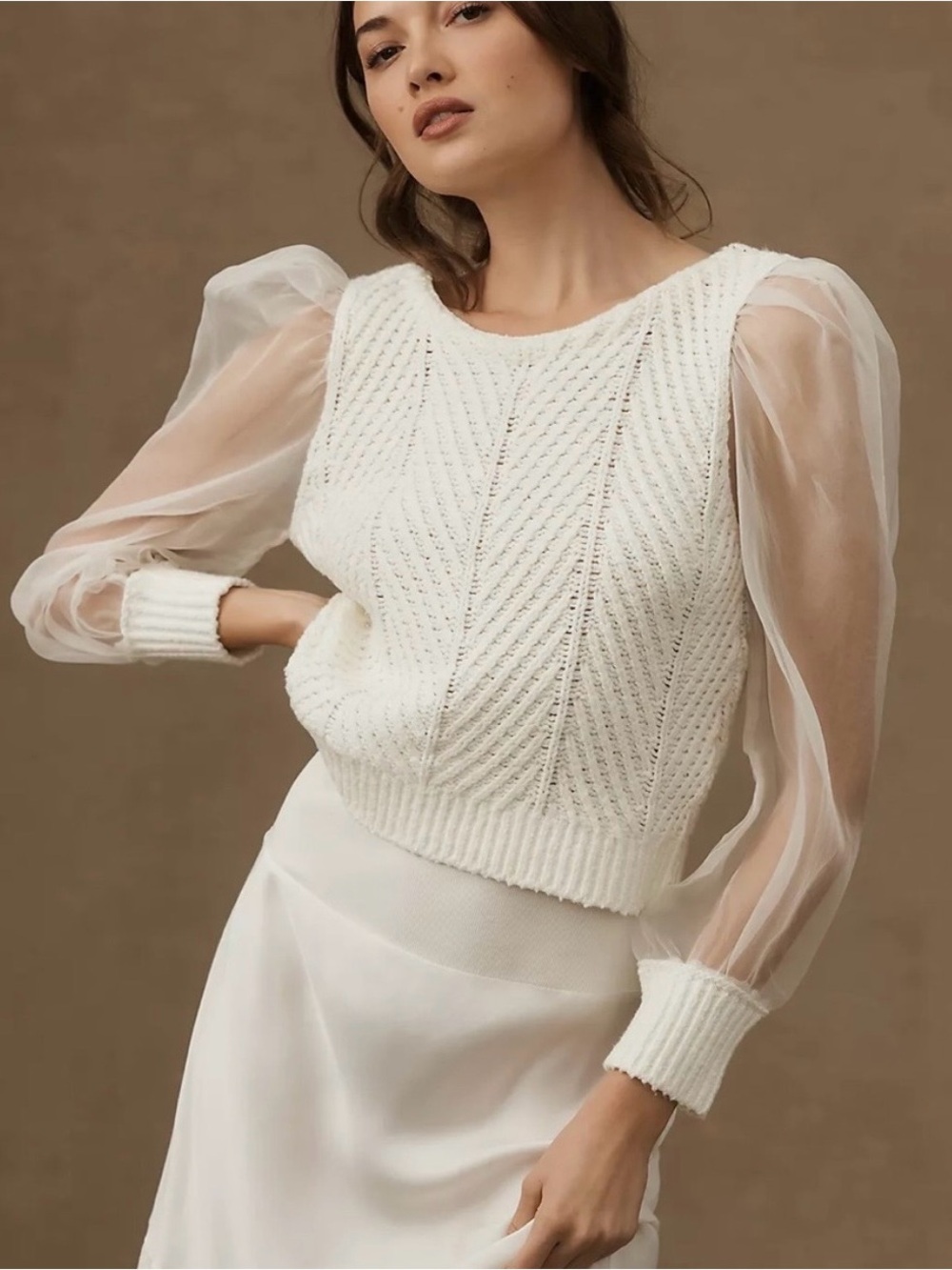 Maeve Anthropologie Twofer Silk Sleeve Knit Sweater Ivory Puff Sleeve Size L